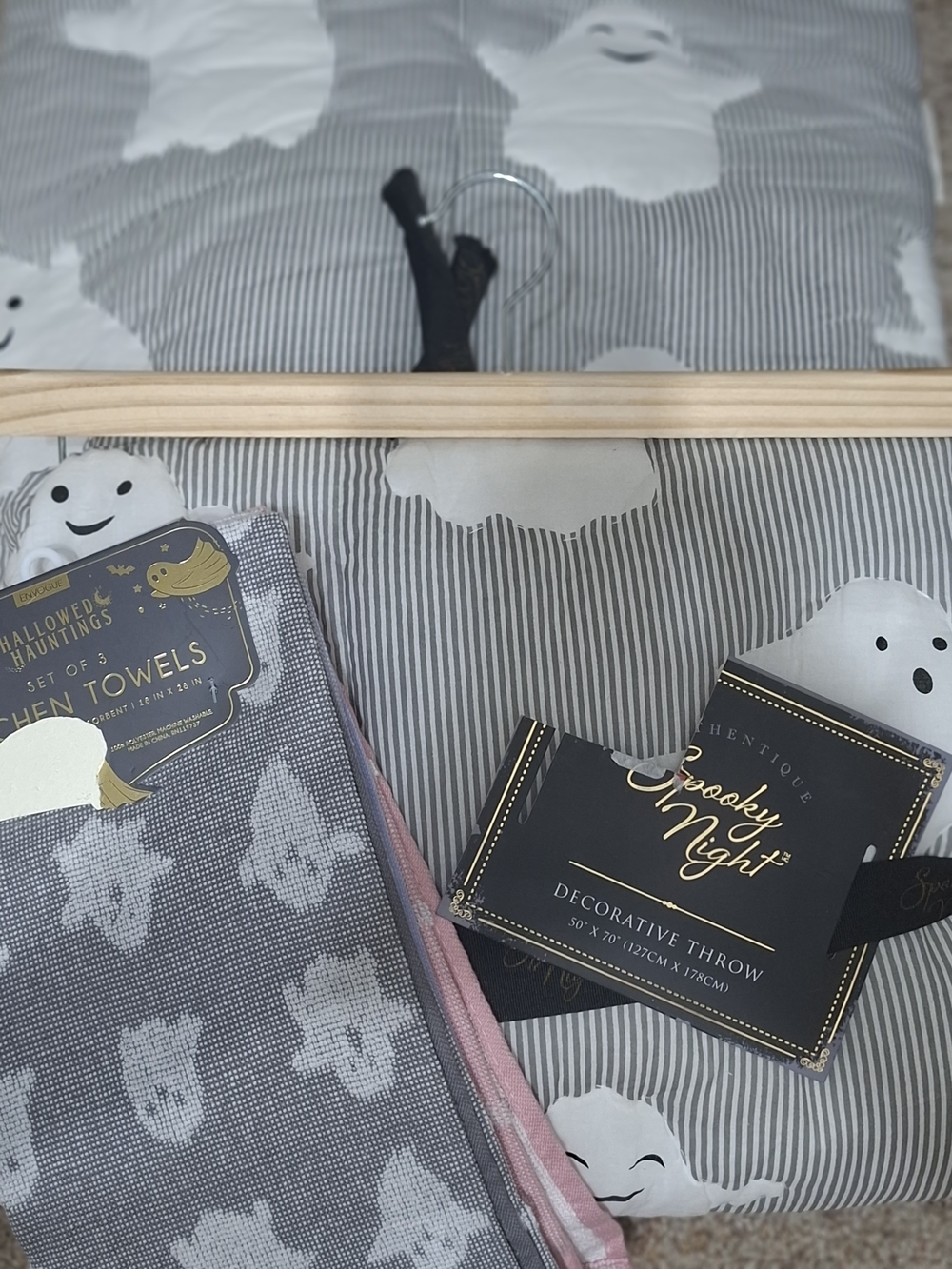 Spooky Night Gray Ghost  - Halloween Bedding Accent and Set of Kitchen Towels